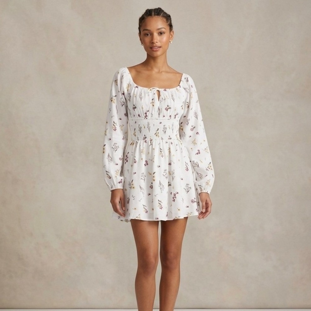 Sabo Mini Dress Skirt White Floral Smocked Off-Shoulder puff sleeve XS Milkmaid